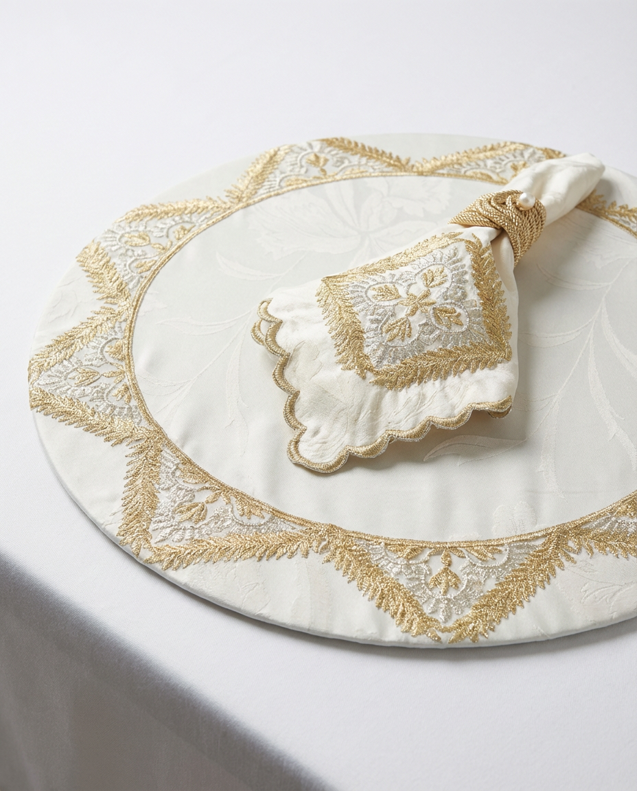 Sets de table rond brodés - Collection Feuille de laurier