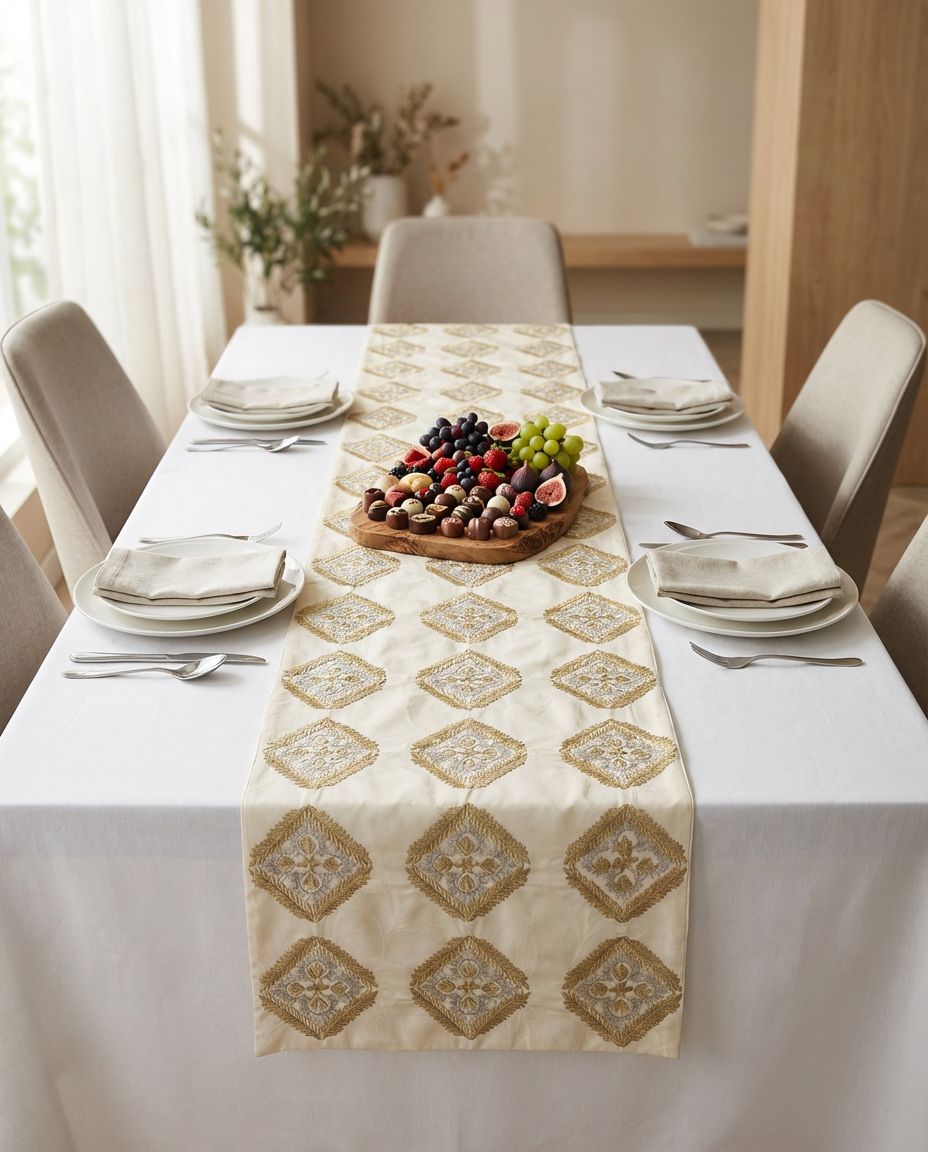 Chemin de table brodé - Collection Feuille de laurier revisité